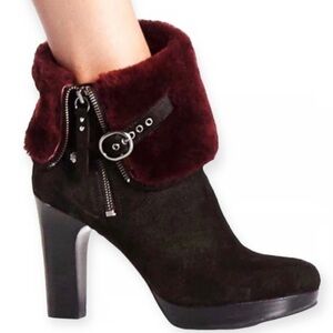 Ugg Scarlett Shearling Buckle Cuff Black Suede Side Zip Heel Boot